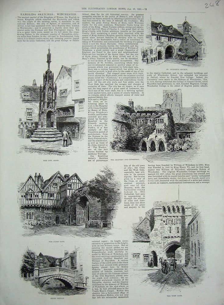 Old Antique Print 1889 Winchester Church Cathedral Stoke Bridge Swithin 19th