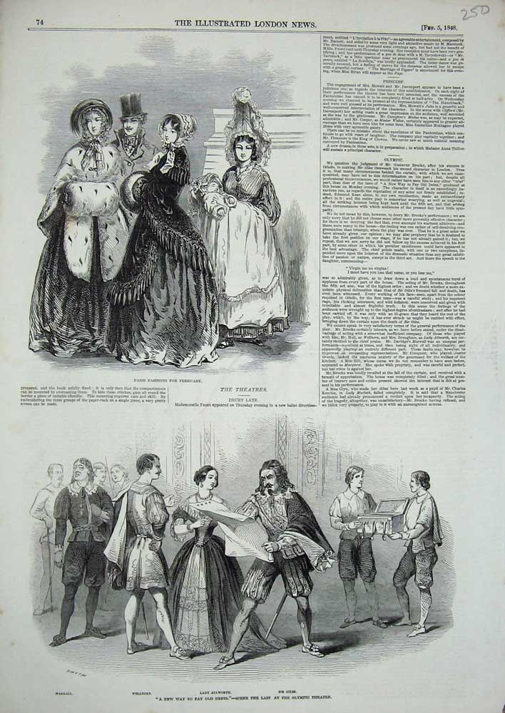 Old Antique Print 1848 Womens Fashion Olympic Theatre Wellborn Allworth 19th