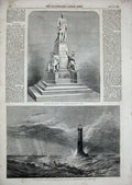 Old Antique Print 1855 Wellington Memorial Manchester Lighthouse Ship Sea 19th