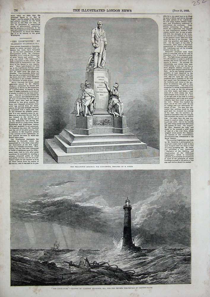 Old Antique Print 1855 Wellington Memorial Manchester Lighthouse Ship Sea 19th