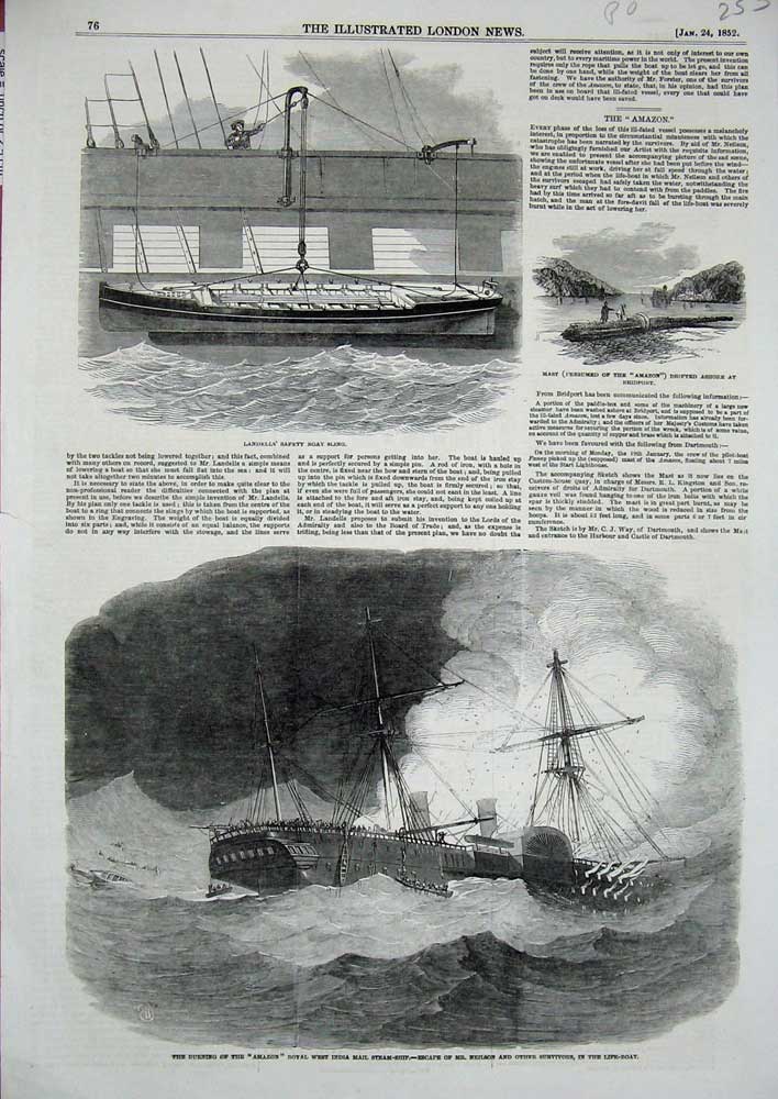 Original Old Antique Print 1852 Fire Amazon West India Mail Steam Ship Landella