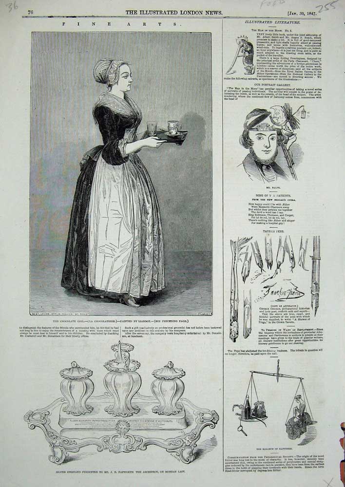 Old Antique Print 1847 Silver Inkstand Papworth Architect Chocolate Girl 19th