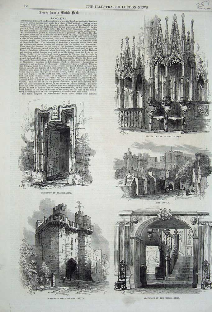 Original Old Antique Print 1868 Lancaster Church Castle Staircase King'S Arms