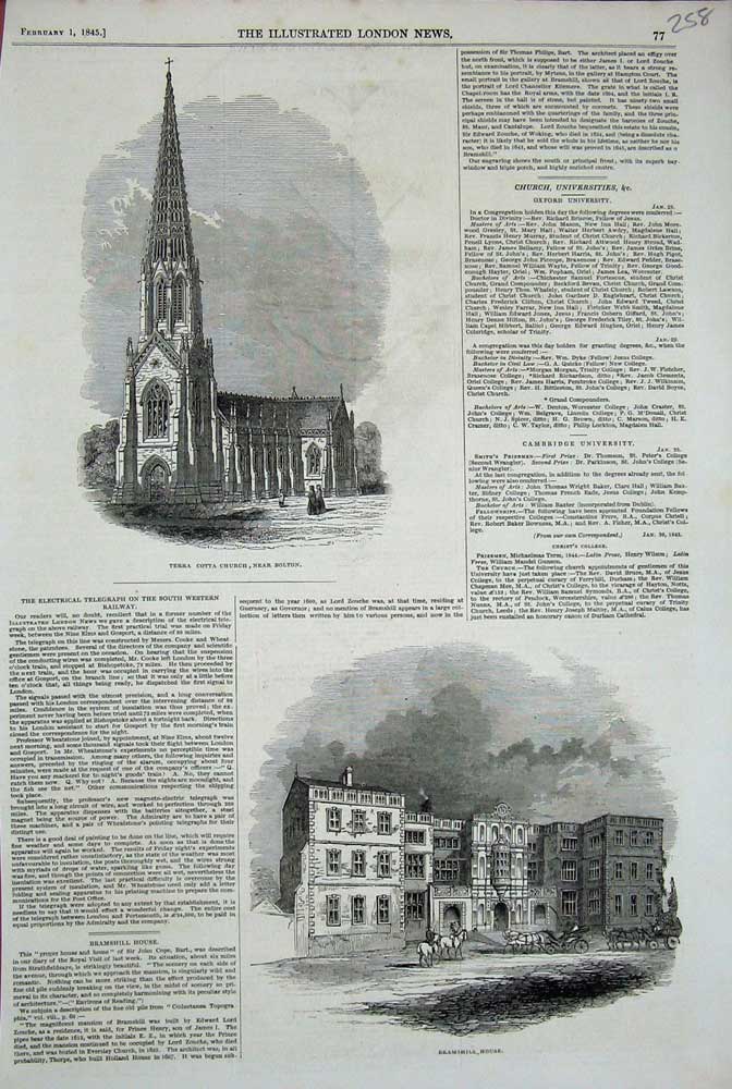 Original Old Antique Print 1845 Terra Cotta Church Bolton Bramshill House 19th