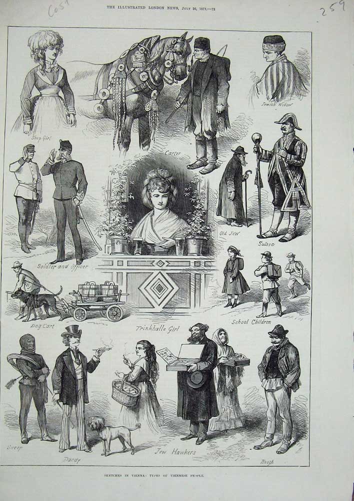 Original Old Antique Print 1878 Vienna Viennese People Costumes Siers Jew Sweep