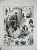 Original Old Antique Print Ice Skating People Party Skates Man Smoking 1885