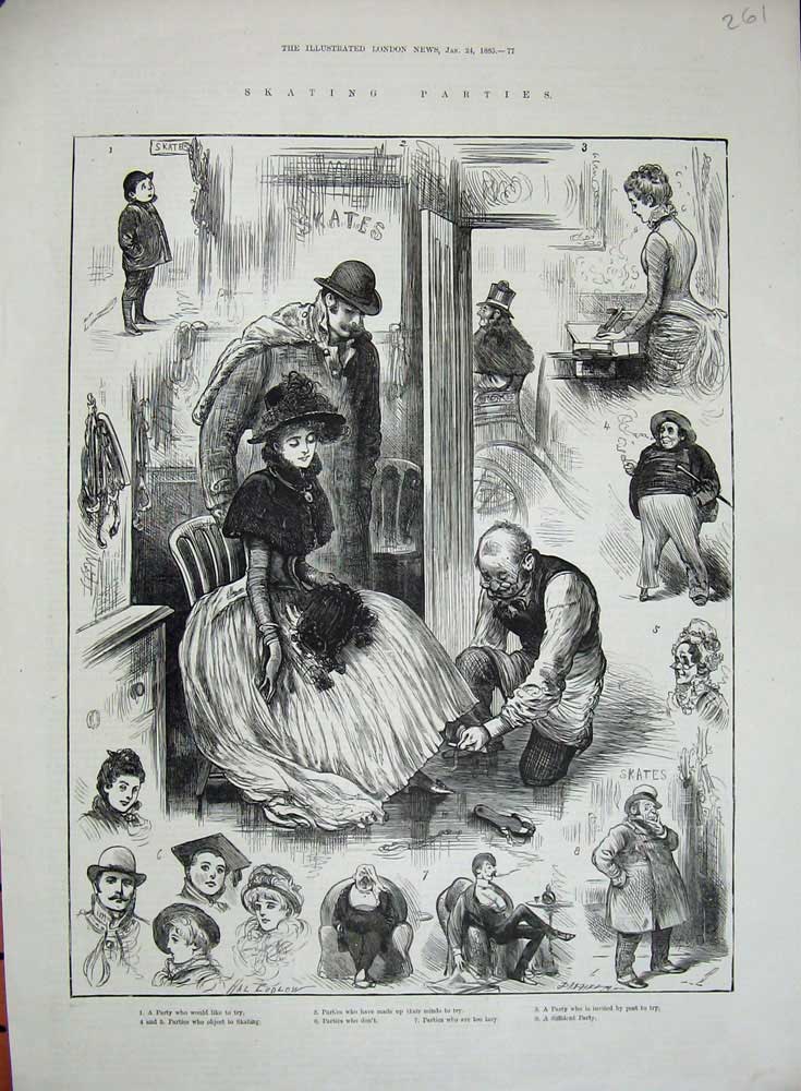 Original Old Antique Print Ice Skating People Party Skates Man Smoking 1885