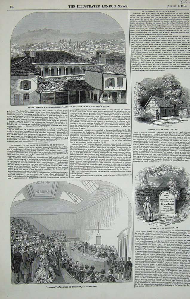 Original Old Antique Print Doctors Medicine Edinburgh 1845 Grave Dwarf Smyrna