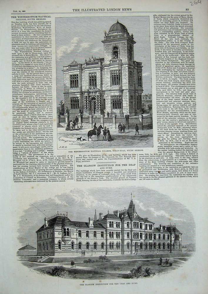 Old Antique Print 1869 Winterbottom College Glasgow Institution Deaf Dumb 19th