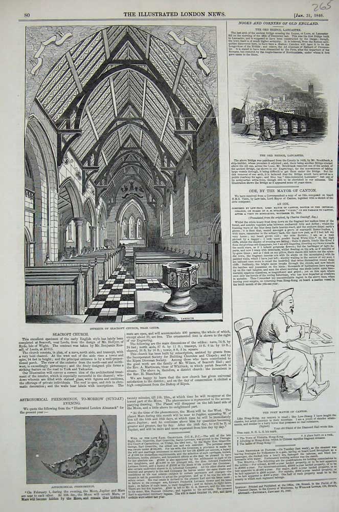 Original Old Antique Print 1846 Seacroft Church Leeds Ord Bridge Lancaster Moon