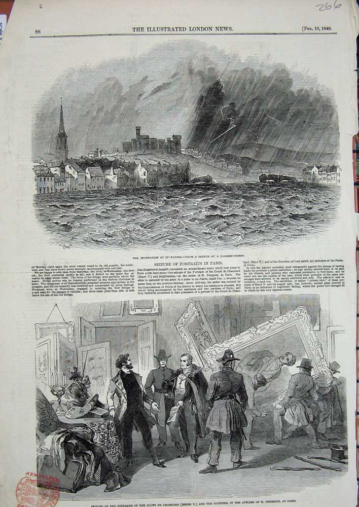 Original Old Antique Print 1849 Floods Inverness Scotland Count Chambord Paris