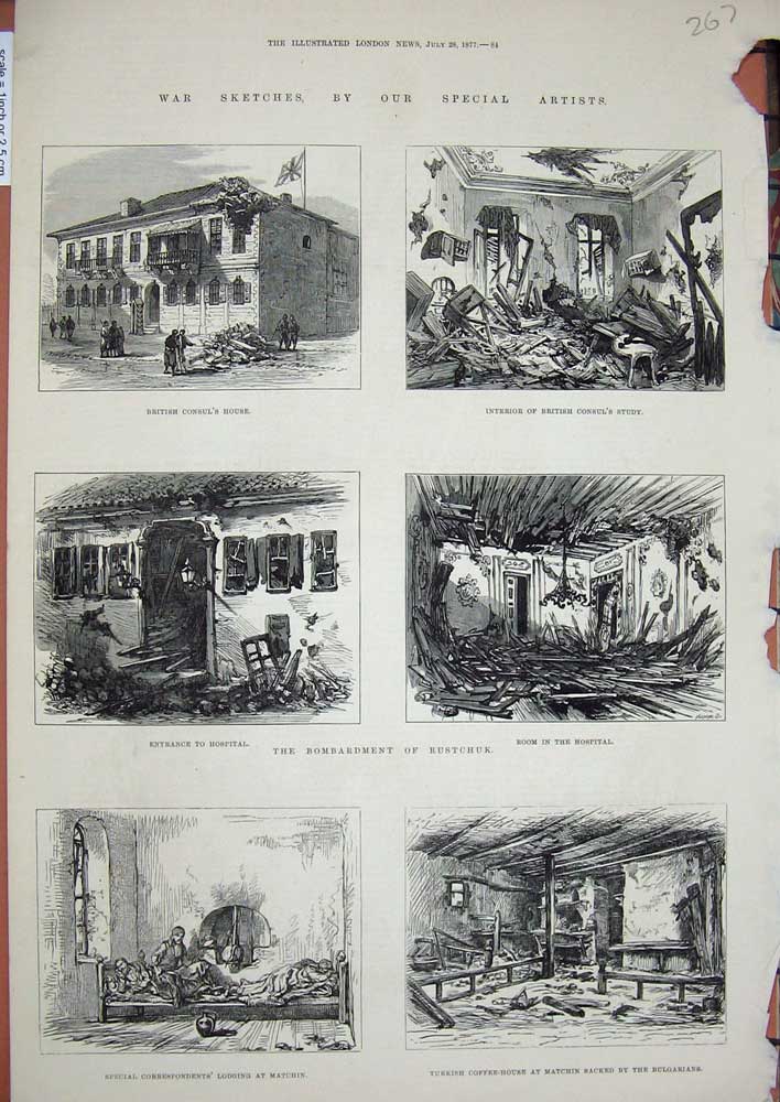 Old Antique Print 1877 War Matchin Turkish House Rustchuk Hospital Study 19th