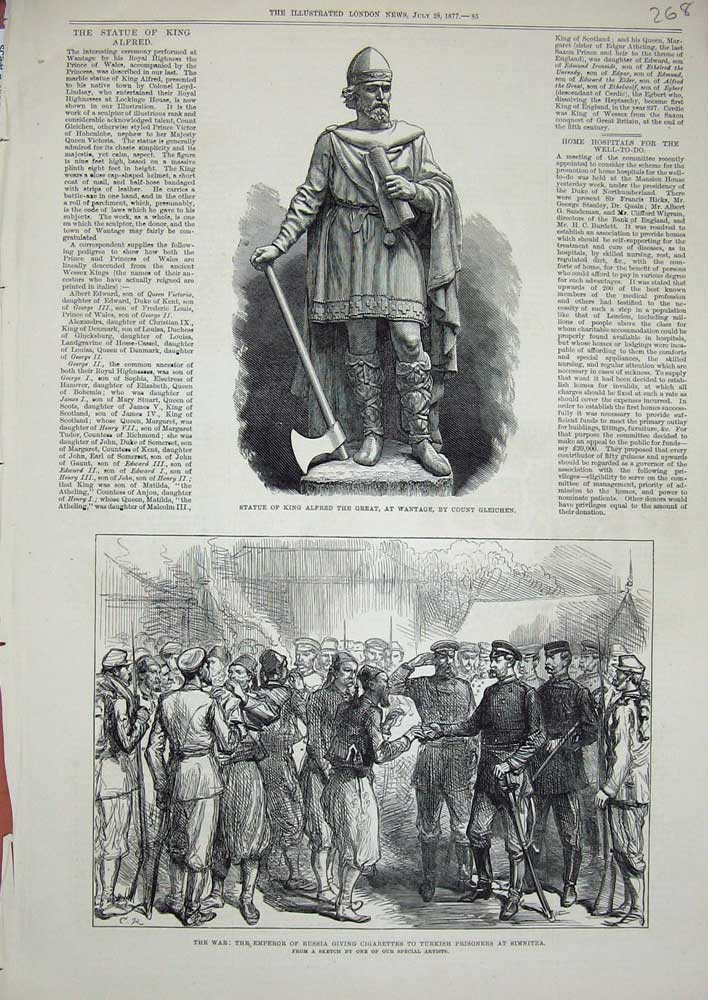 Old Antique Print 1877 Statue King Alfred Wantage War Emperor Russia Army 19th