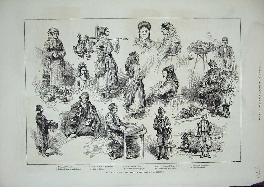 Original Old Antique Print 1876 War Servian People Vichnitza Krupa Kragojevatz