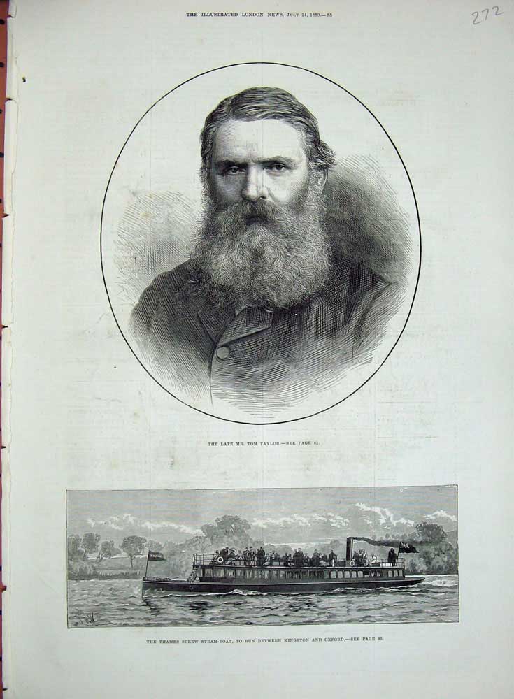 Original Old Antique Print 1880 Mr Tom Taylor Thames Screw Boat Kingston Oxford