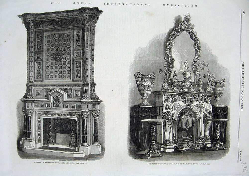 Original Old Antique Print 1862 Library Chimneypiece Trollope Saxon Manufactory