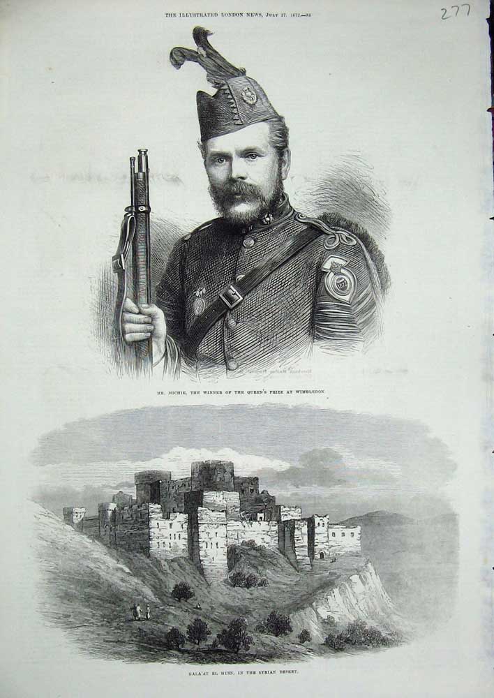 Old Antique Print 1872 Michie Rifle Wimbledon Syrian Desert Kala'At Husn 19th