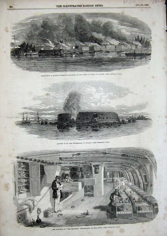 Original Old Antique Print 1855 Sick Deck Belleisle Hospital Ship Fort Finland