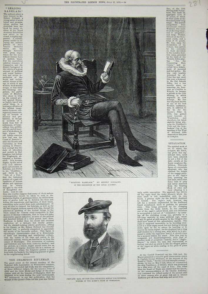 Original Old Antique Print 1878 Private Rae Stirling Rifle Man Reading Rabelais