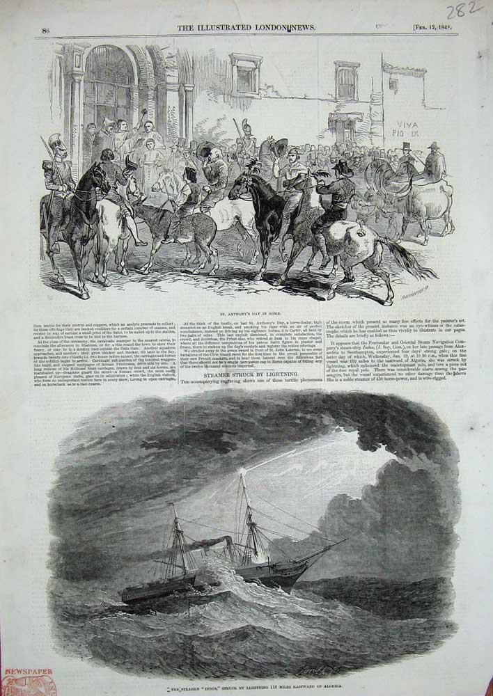 Old Antique Print 1848 Anthony'S Day Rome Steamer Indus Ship Algeria Sea 19th