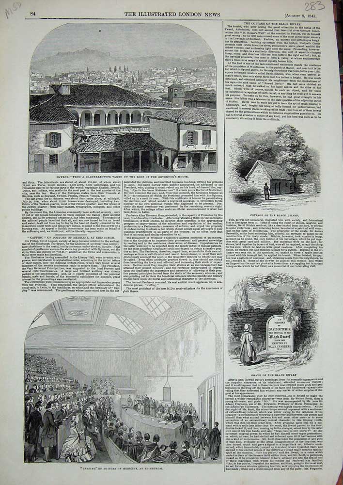 Original Old Antique Print 1845 Doctors Medicine Edinburgh Grave Dwarf Smyrna