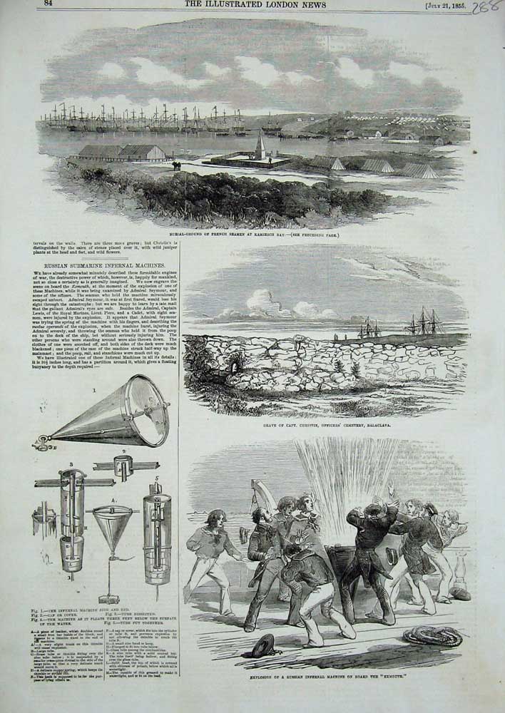Old Antique Print 1855 Burial Seamen Kamiesch Ship Exemouth Infernal Tube 19th