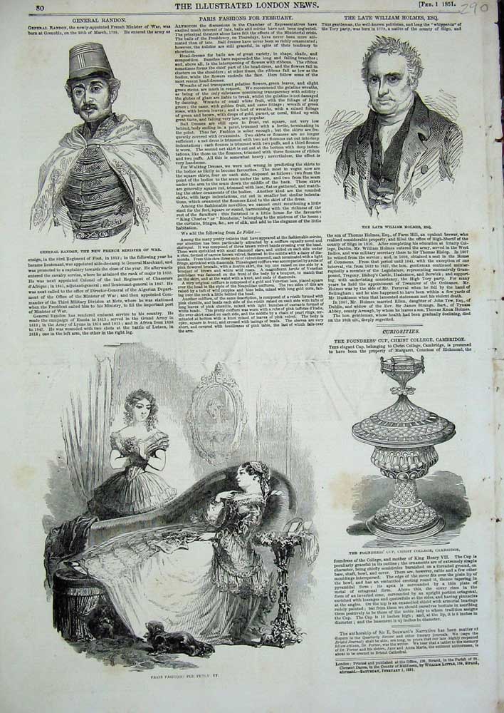 Old Antique Print 1851 Paris Fashion General Randon War Holmes Cambridge 19th