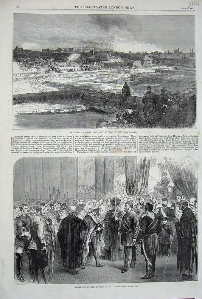 Old Antique Print 1867 Gun-Boat Southsea Castle Sultan Guildhall People 19th