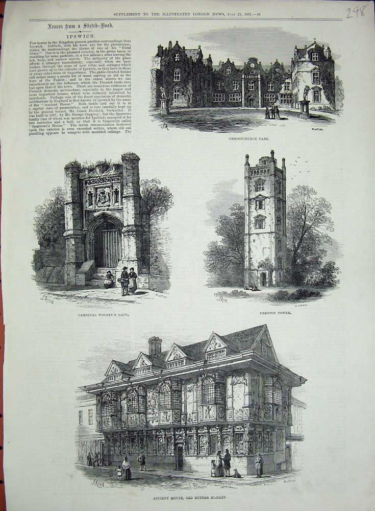 Original Old Antique Print 1881 Ipswich Christchurch Park Preston Tower Market