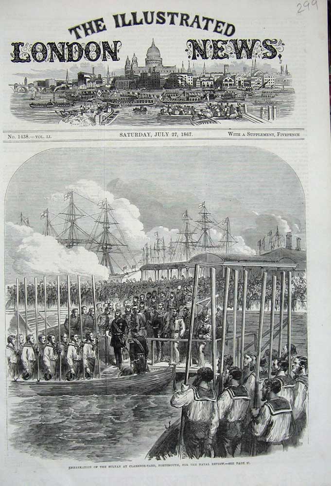 Old Antique Print 1867 Sultan Clarence Yard Portsmouth Naval Review Ship 19th