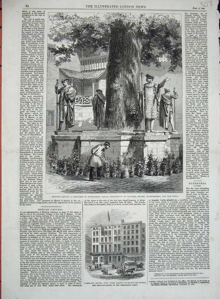 Old Antique Print 1862 Statue Nuremberg Castle Swabia Tyrol Hotel America 19th