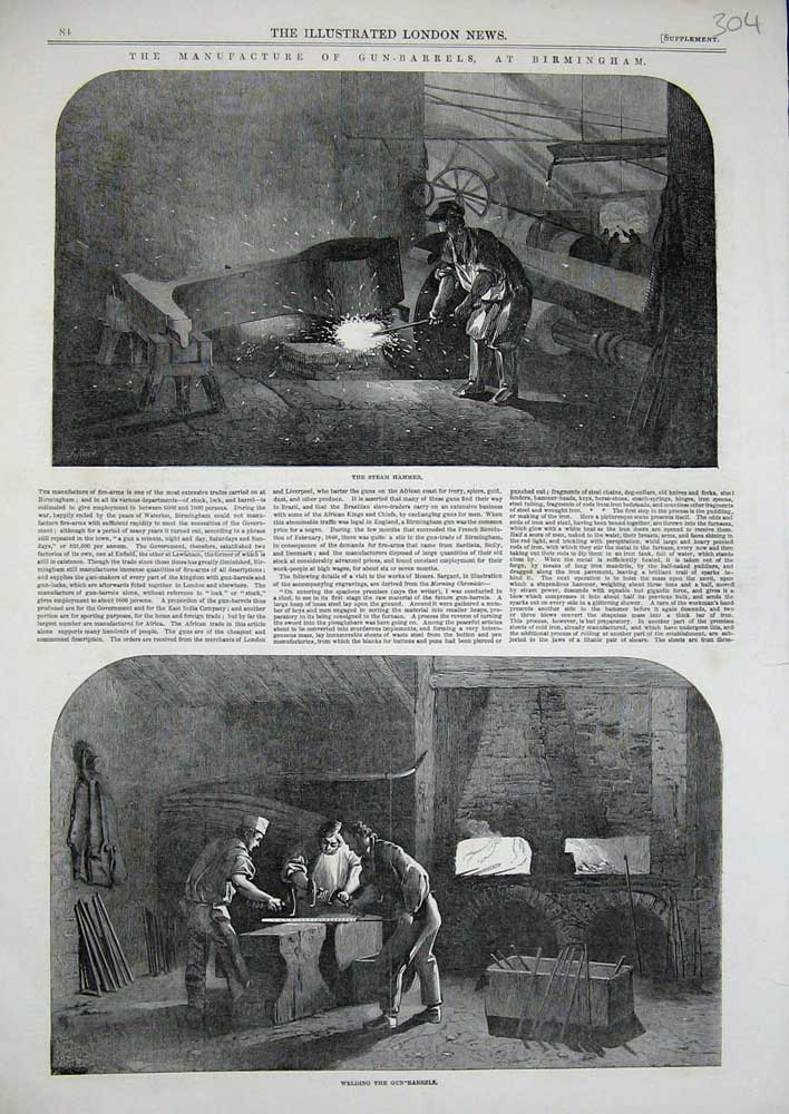 Original Old Antique Print 1851 Manufacture Gun-Barrels Birmingham Weapons War