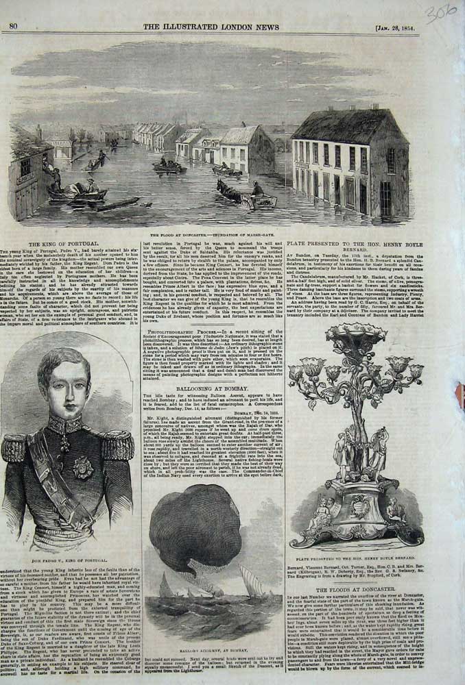 Original Old Antique Print 1854 Balloon Bombay Bernard Flood Doncaster Portugal