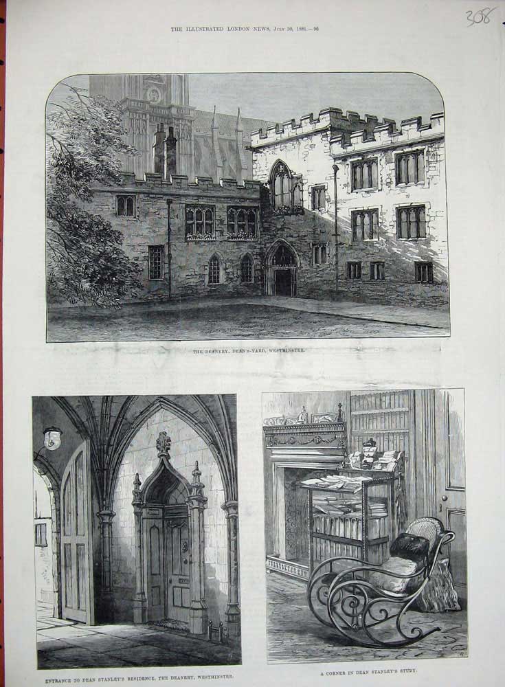 Original Old Antique Print Deanery Dean'S-Yard Westminster 1881 Stanley Study
