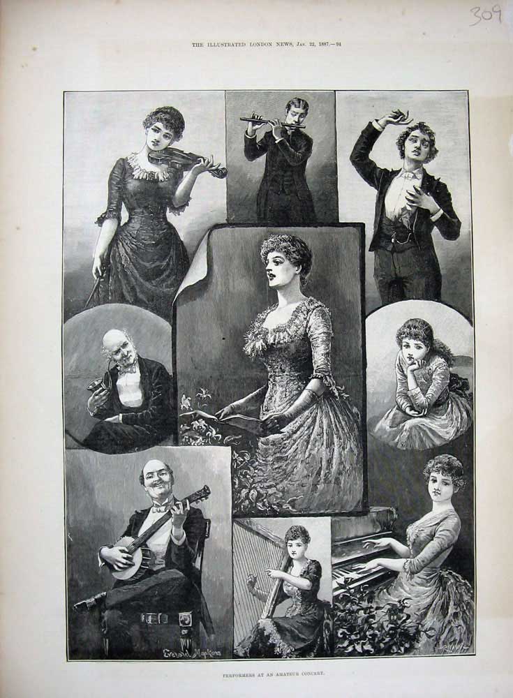 Old Antique Print 1887 Performers Amateur Concert Music Instruments Art 19th