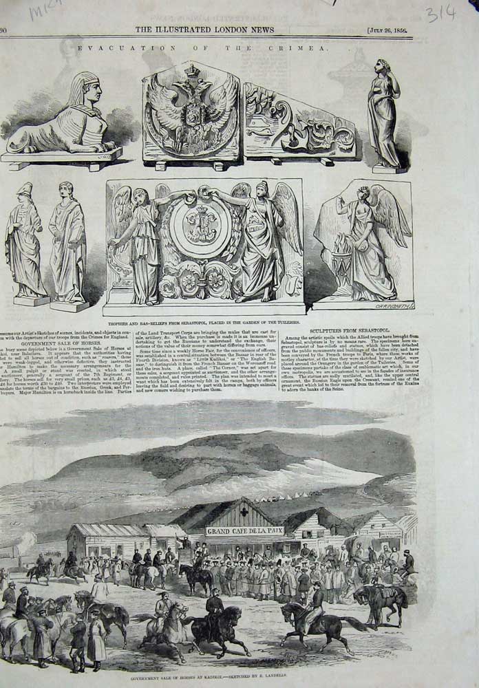Original Old Antique Print 1856 Sale Horses Kadikoi Sebastopol Garden Tuileries