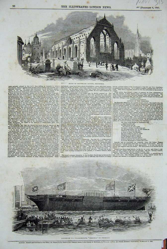 Old Antique Print 1845 Frigate Ship Terrible Greyfriars Church Edinburgh 19th
