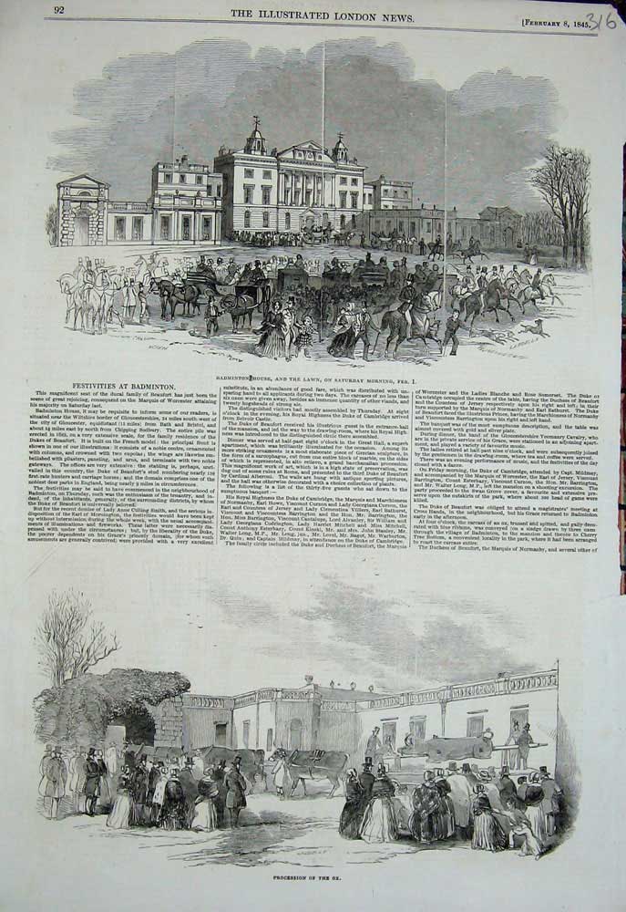 Original Old Antique Print Procession Ox 1845 Badmington House Festivities 19th