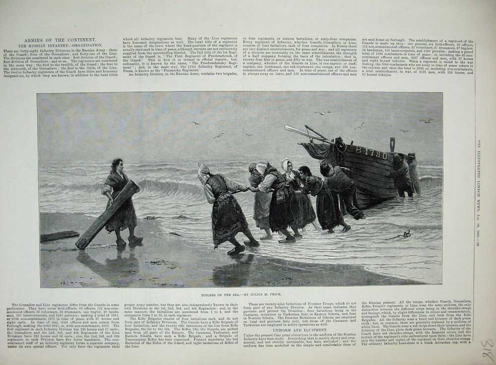 Old Antique Print 1888 Julius Price Toilers Sea People Pulling Boat Art 19th