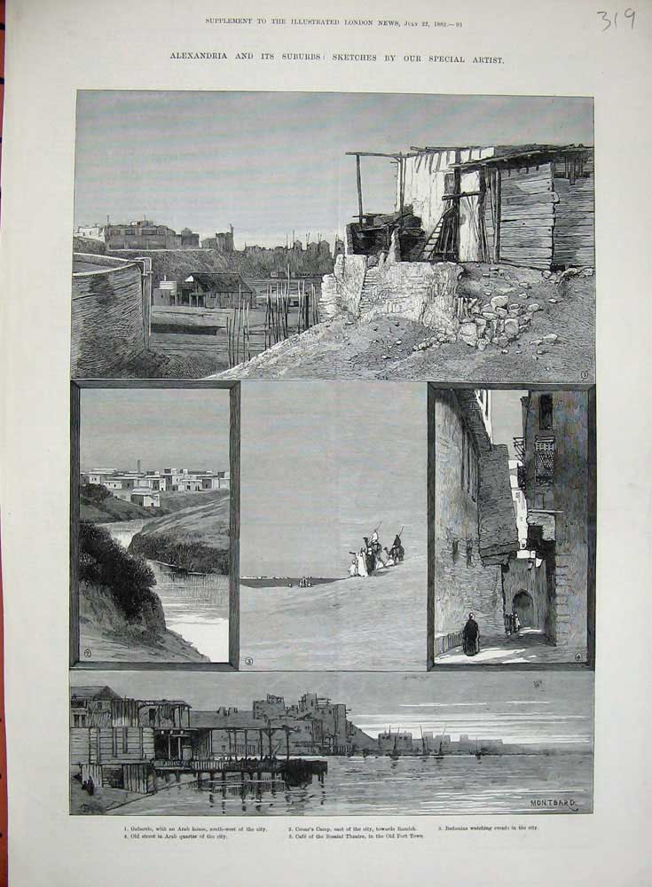 Old Antique Print 1882 Alexandria Gabarrie Arab Bedouins Theatre Rossini 19th