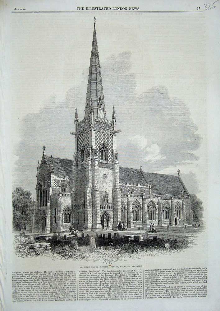 Original Old Antique Print 1864 St Mary Tower Church Ipswich Architecture 19th