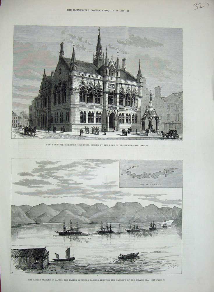 Old Antique Print 1882 Buildings Inverness Duke Edinburgh Japan Princes 19th