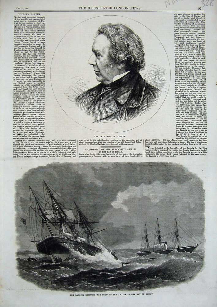 Old Antique Print William Harvey Laconia Ship Recue Amalia Bay Biscay1866 19th