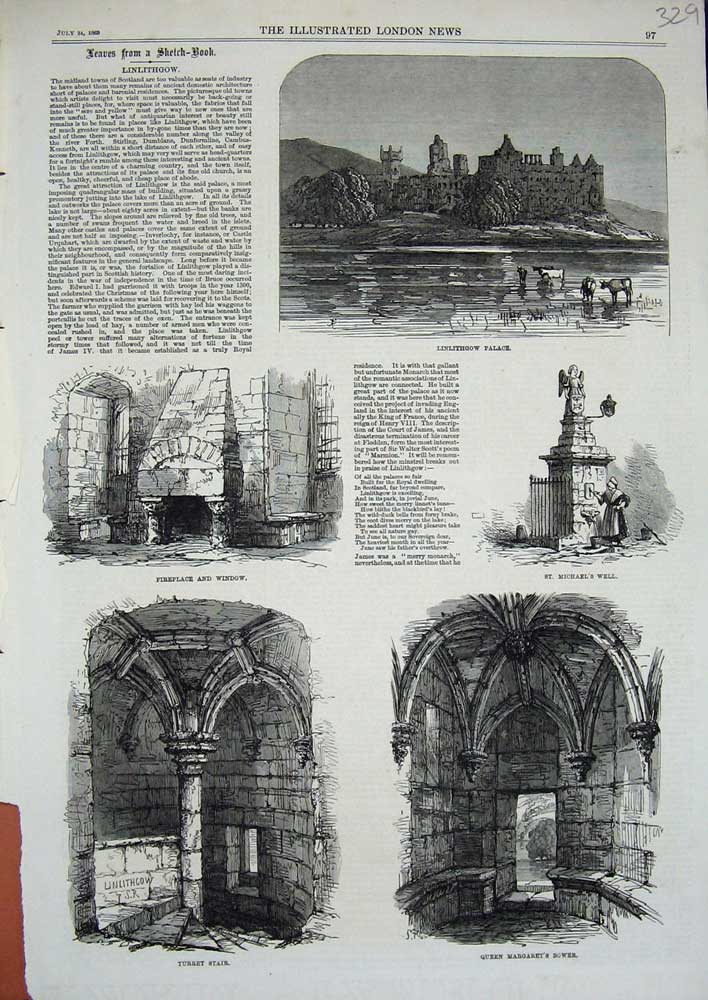 Old Antique Print 1869 Linlithgow Palace Queen Margaret Bower Well Stair 19th