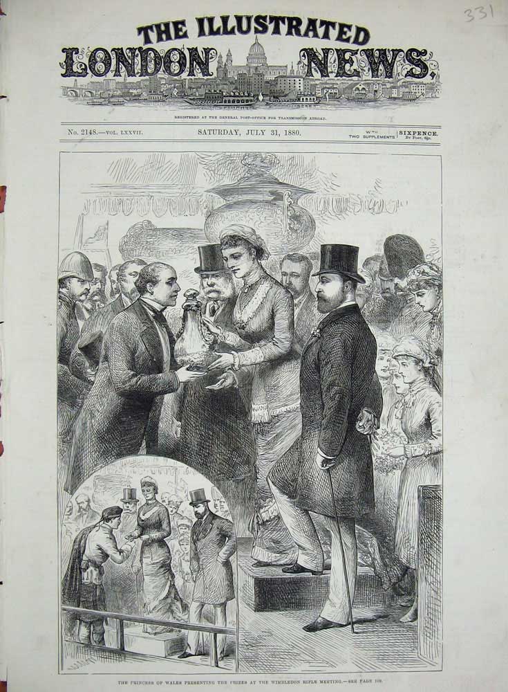 Original Old Antique Print 1880 Princess Wales Wimbledon Rifle Shooting Meeting