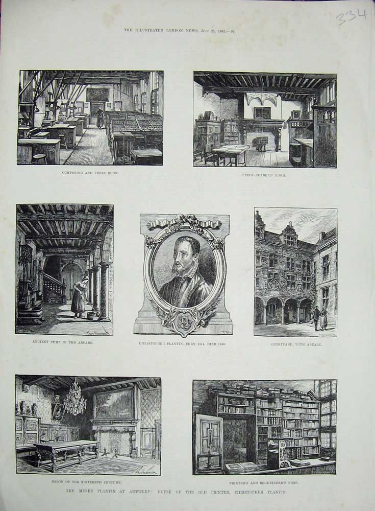 Original Old Antique Print 1885 Musee Pantin Antwerp Arcade Er'S Shop Salon