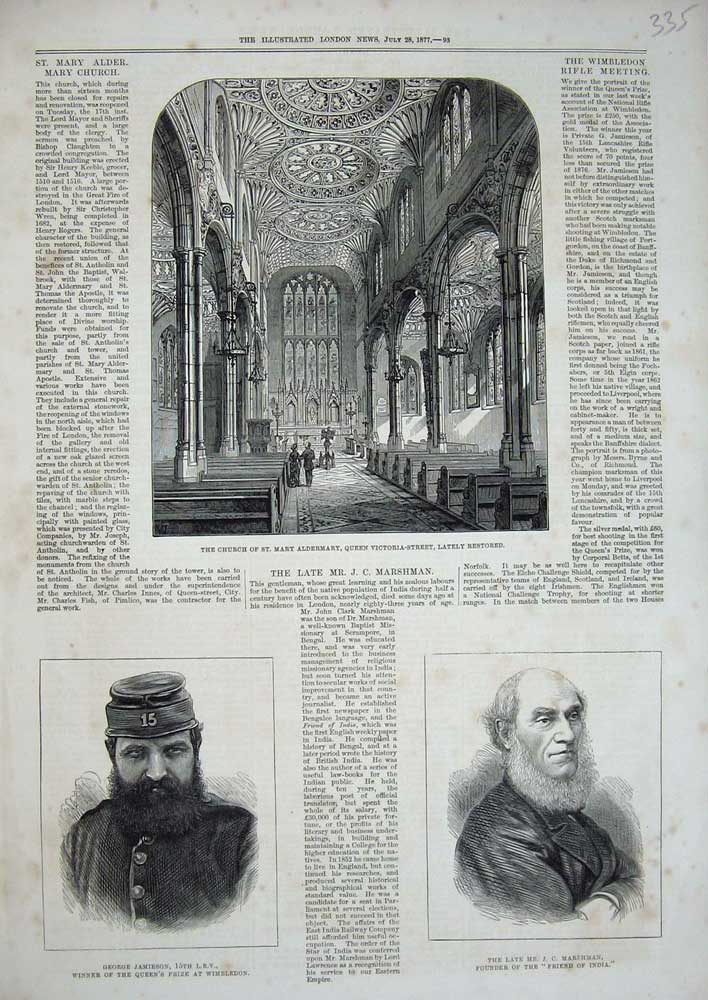 Original Old Antique Print 1877 Church Mary Aldermary George Jamieson Marshman