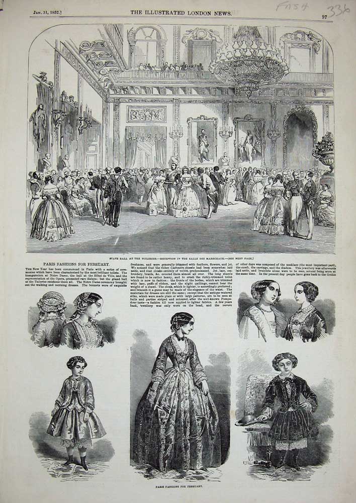 Original Old Antique Print 1852 Ball Tuileries Salle Marechaux Womens Fashion