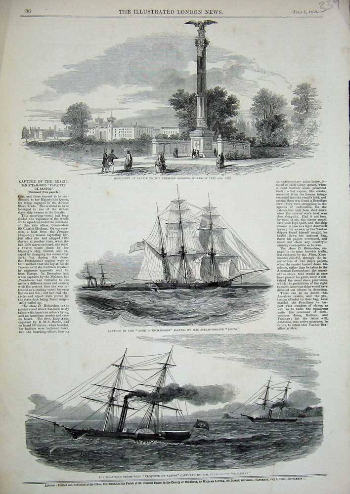 Old Antique Print 1850 Brazillian Ship Paquete Santos Richardson Berlin 19th