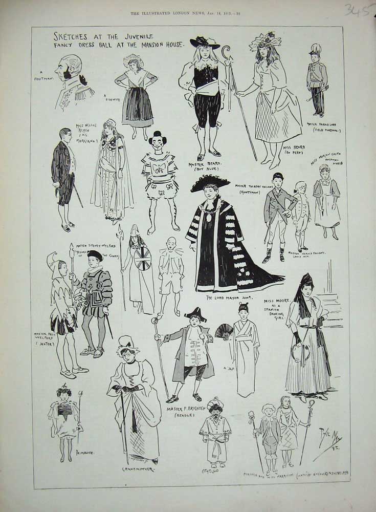 Old Antique Print 1893 Children Fancy Dress Ball Mansion House Costumes 19th